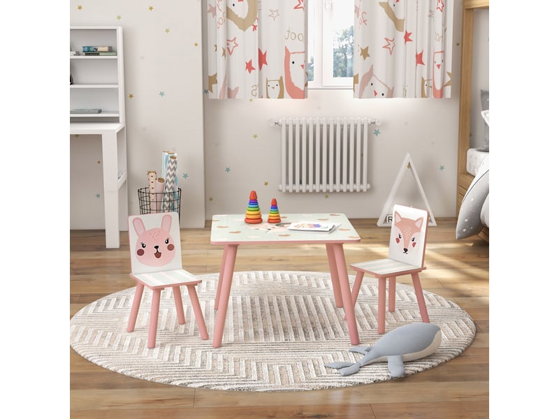 Ensemble de salon de jardin pour enfant en pin, table et 2 chaises, motif animaux, chambre d'enfant, 3-8 ans, rose - Conforama C