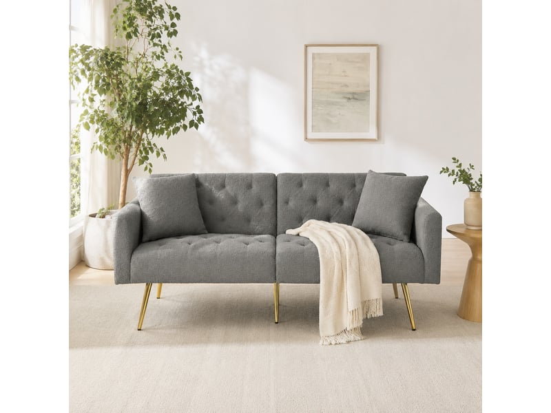  Canapé droit 2 places convertible avec dossier réglable  - 2 coussins, assise ergonomique, tissu teddy - gris  - Conforama B