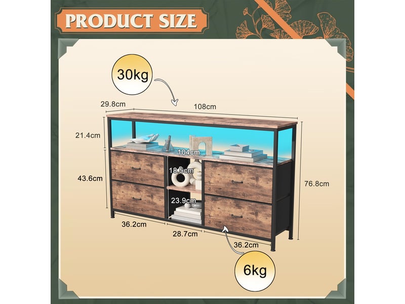  Meuble tv 108 cm avec lumières led, banc tv support télé console tv avec avec 4 tiroirs et 3 étagères de rangement, naturel  - Conforama C