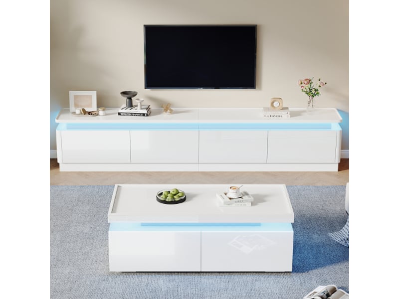  Ensemble meuble tv et table basse blanc brillant moderne – led, 4 tiroirs, compatible téléviseur 75 pouces  - Conforama B