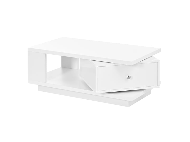  Table basse 90 x 48 cm – blanche brillante – tiroir pivotant, niche ouverte et poignée ronde en métal  - Conforama D
