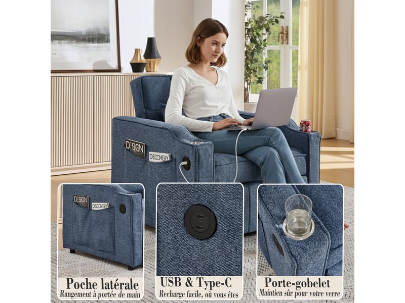  Fauteuil convertible 1 place - 190x85x86 cm - fauteuil 3-en-1 avec ports usb type-c et porte-gobelet - bleu marine  - Conforama D