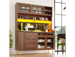 Armoires hautes 145×39×171cm pour le salon, tiroir avec casier à bouteilles, buffet salle a manger avec éclairage led, couleur noyer