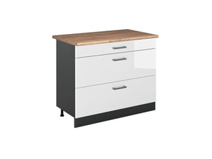 Vicco meuble cuisine, blanc haute brillanceanthracite, 100cm plan de travail chêne doré