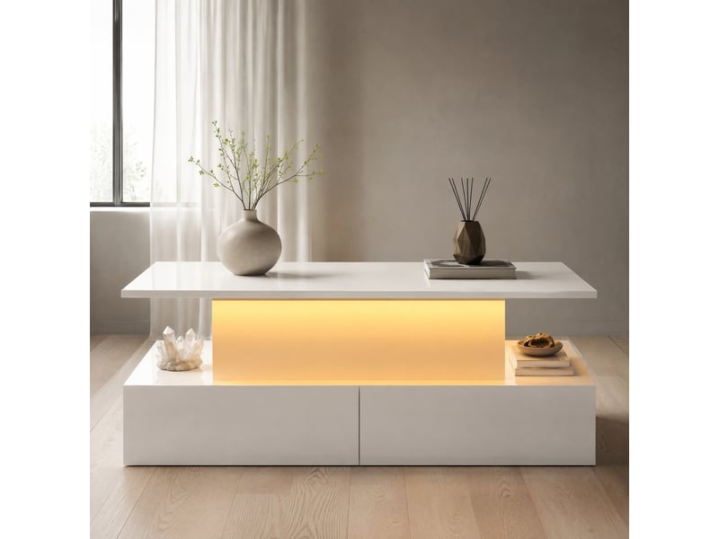  Table basse finition brillante, avec 4 tiroirs, plateau relevable et led, pour salon, panneaux de particules, 90 × 55 × 41 cm, blanc  - Conforama B