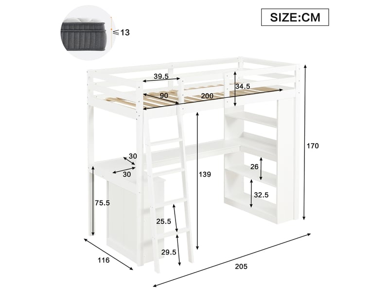  Lit mezzanine enfant blanc 90 x 200 cm avec étagères et bureau d'angle  - Conforama E
