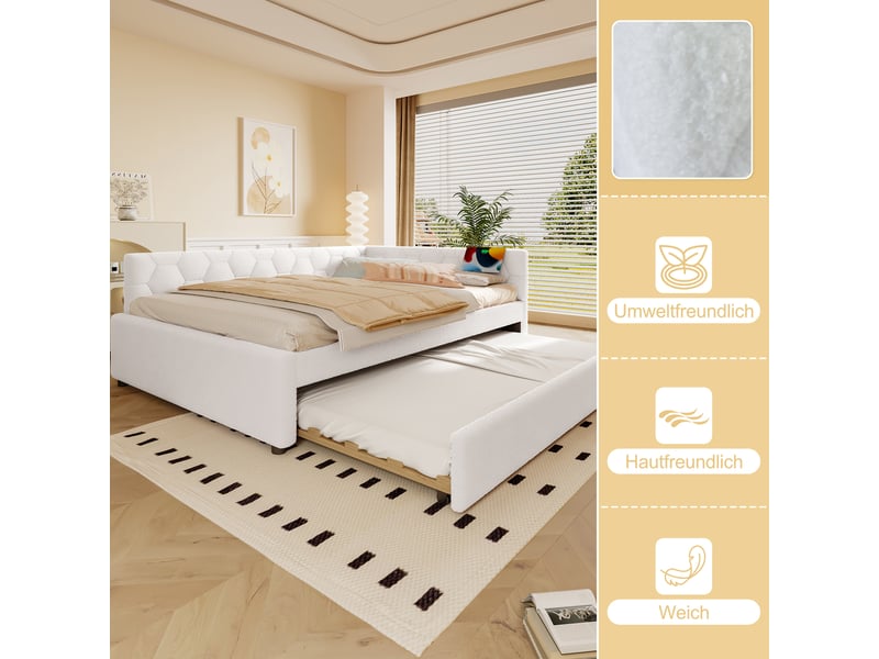  Lit de jour 140x200 canapé lit blanc avec sommier à lattes, lit gigogne multifonction, lampe et ports usb  - Conforama E