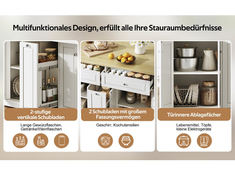  Îlot de cuisine mobile 121 × 49(69) × 89 cm naturel et blanc, mdf, plateau rabattable, tiroirs verticaux et roulettes  - Conforama D
