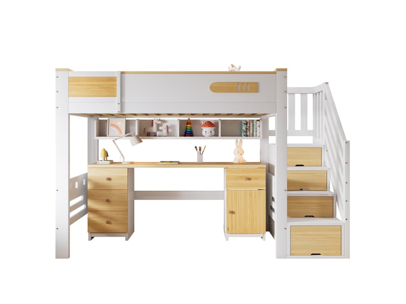 Lit mezzanine enfant 90x200 cm blanc et bois avec bureau, tiroirs et rangements - Conforama A