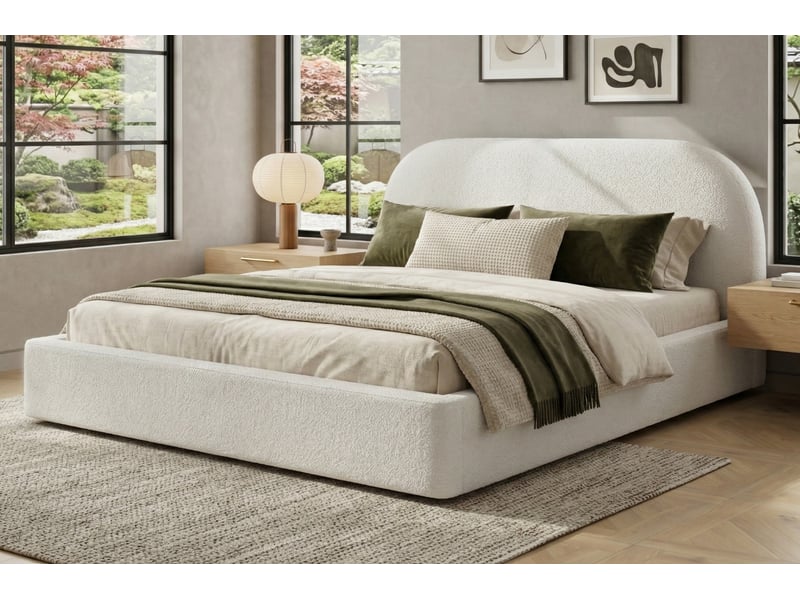  Lit adulte 180x200 cm en bouclette beige avec sommier à lattes et tête rembourrée  - Conforama R