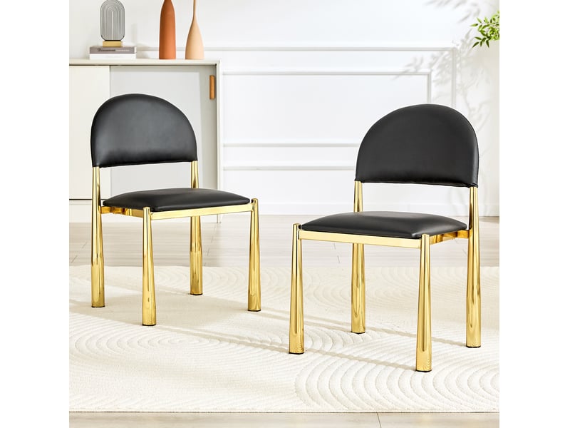 Lot de 2 chaises de salle à manger noires avec dossier semi-circulaire, assise en polyuréthane et pieds en métal doré - Conforama B