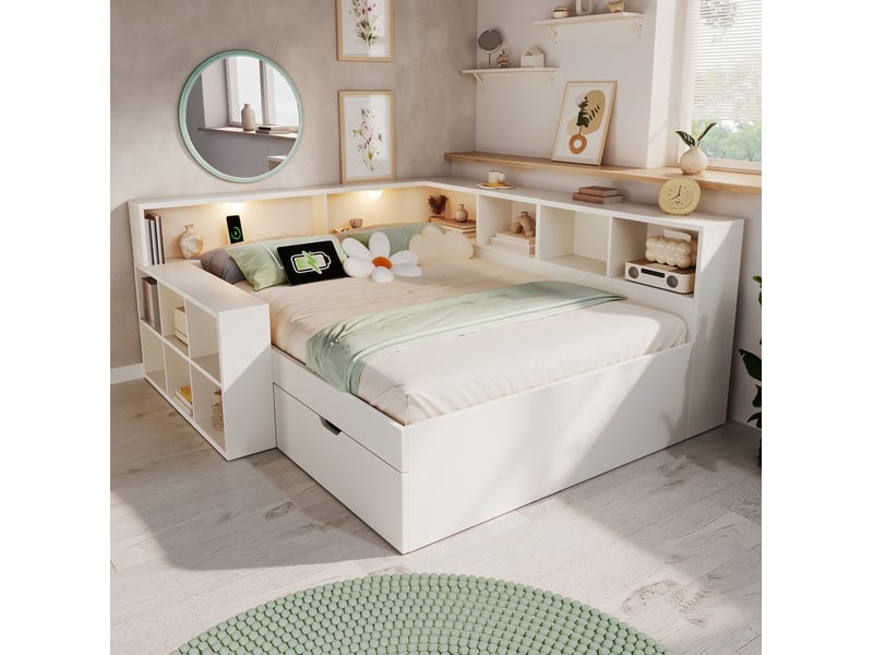  Lit coffre 140 × 190 cm 2 places avec tiroirs, étagères, usb, type-c et lampes de lecture, sans matelas, blanc  - Conforama B