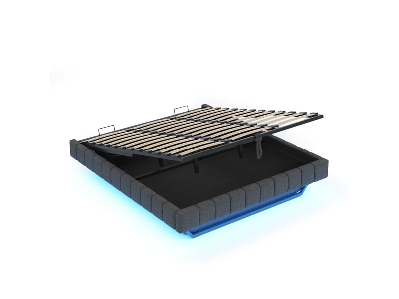 Lit flottant 180x200 cm en tissu gris, sans tête de lit, coffre hydraulique et led intégrée - Conforama D