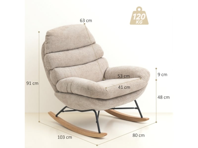  Fauteuil à bascule rembourré crème avec pieds en acier et patins en bois, style moderne  - Conforama C