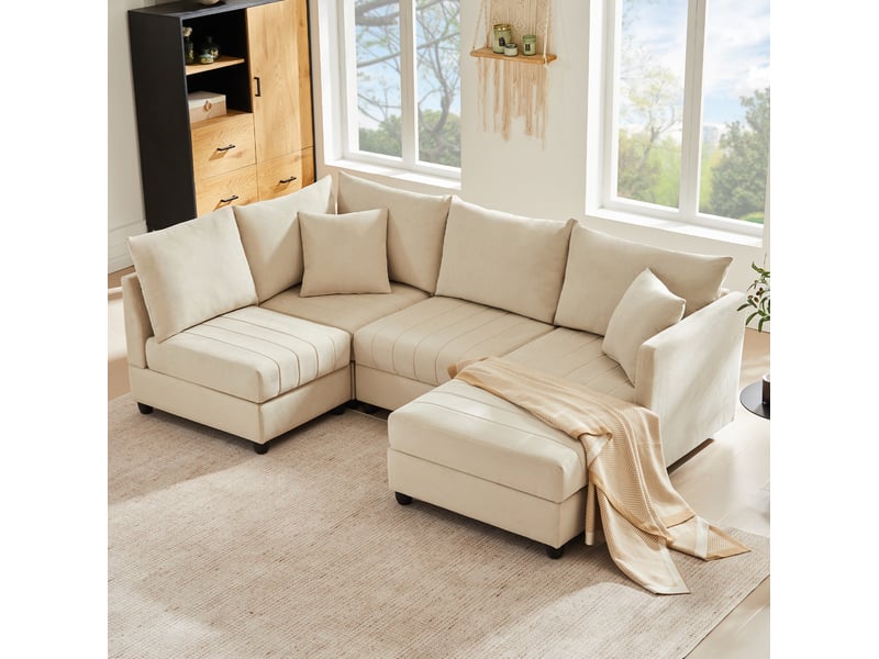  Canapé d’angle modulable 5 places beige avec pouf mobile en tissu aspect lin  - Conforama D