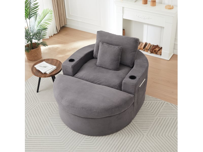  Fauteuil avec pouf 1 place, repose-pieds amovible, porte-gobelets et poches latérales en velours côtelé gris  - Conforama E