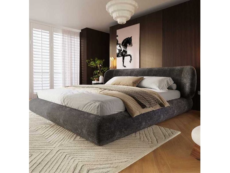  Lit rembourré 180 × 200 cm 2 places avec tête de lit, sommier et coins arrondis, sans matelas, chenille gris  - Conforama B