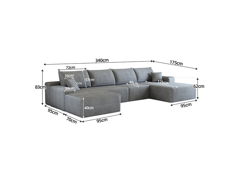  Canapé d'angle panoramique modulaire 340x175x83 cm 5 places gris  - Conforama E