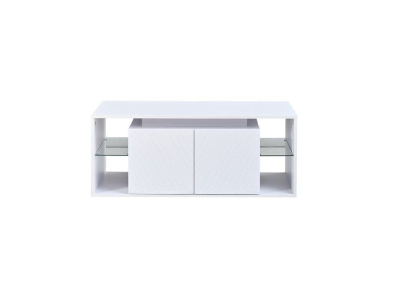  Table basse blanc 100x50x41cm, meuble de salon moderne avec led,compartiment semi-ouvert,2 portes,panneaux de particules,charge  - Conforama E
