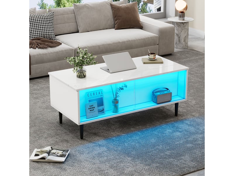  Table basse relevable 105x50 cm avec rangement caché, lumières led et portes en verre trempé, blanche brillante  - Conforama B