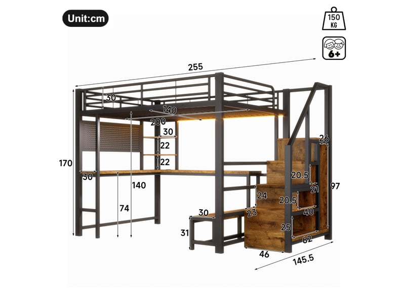  Lit mezzanine 140x200 cm avec bureau, rangements, led et usb-c noir  - Conforama C