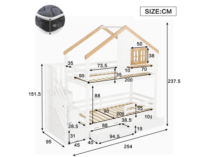  Lit superposé cabane 90x200 cm - avec fenêtres et échelle de rangement, espace de stockage sous le lit, mdf, blanc, sans matelas  - Conforama C