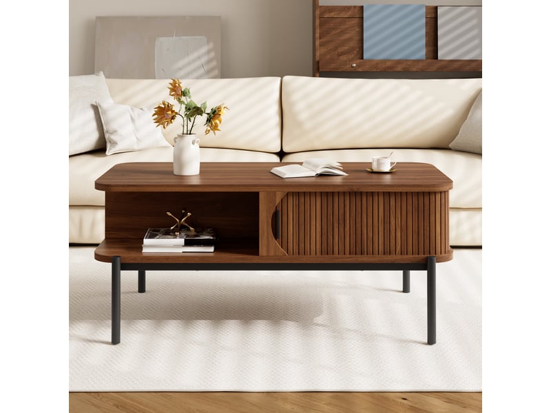  Table basse 100 x 45 x 43 cm avec rangement et portes coulissantes rainurées, plateau mdf, pieds métal noirs, design moderne pour salon, pour aménagement intérieur moderne OPULERANE TRADING LTD - Conforama D