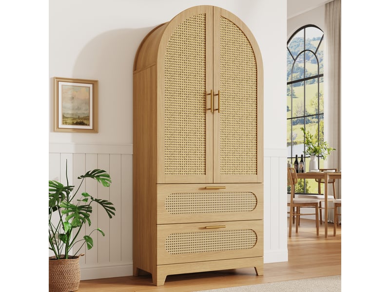  Buffet haut de cuisine 80 x 40 x 175 cm effet bois naturel et rotin pvc, 2 portes, 2 tiroirs, poignées dorées, style arche pour cuisine et salon  - Conforama B