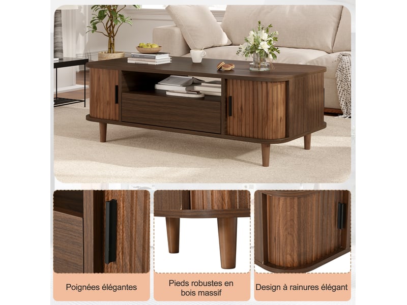  Table basse 100x50x35 cm avec 1 tiroir et 2 portes coulissantes coloris noyer  - Conforama E