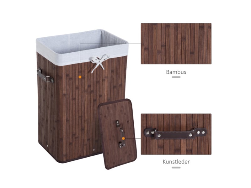  Panier à linge pliable avec couvercle, bambou marron foncé, 72 l, 40 x 30 x 60 cm, sac lavable et poignées  - Conforama E