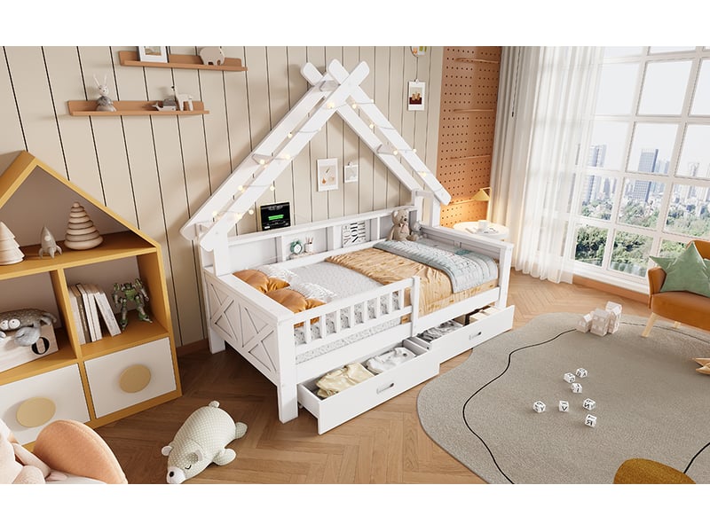  Lit plateforme enfant forme maison 90x200 cm blanc mdf pin led rangements 2 tiroirs garde-corps Sol Morn - Conforama D