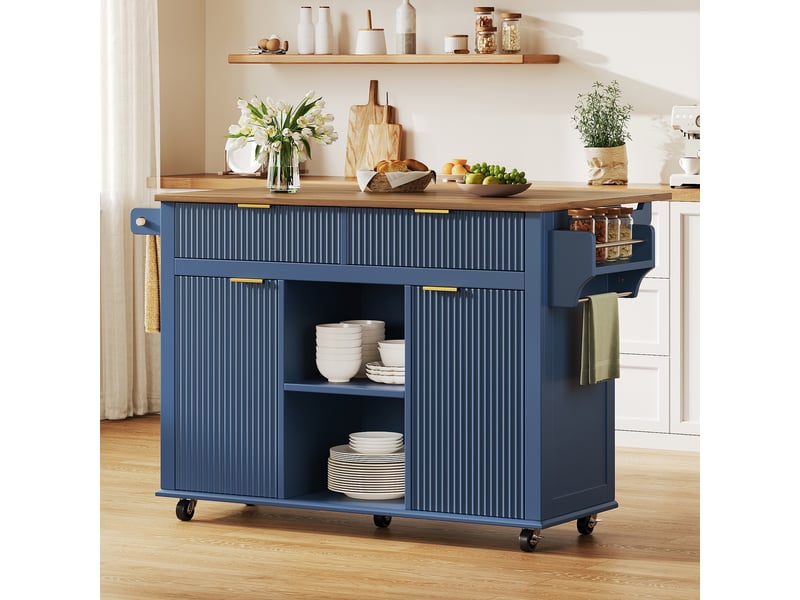  Îlot de cuisine sur roulettes avec plateau pliant extensible, chariot de cuisine avec 2 tiroirs et 2 portes, bleu cloisonné  - Conforama E