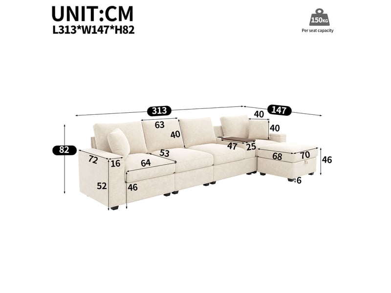  Canapé d'angle modulable 313x147x82 cm avec pouf coffre, rangements intégrés, usbtype-c, porte-gobelets, table pivotante 360° - beige Bliss Lite - Conforama C