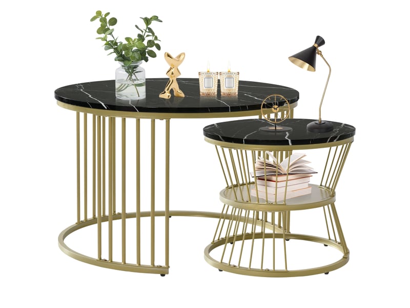  Ensemble de deux tables basses – table basse de salon – table basse – texture marbre noir – piètement doré – design luxueux et discret  - Conforama A