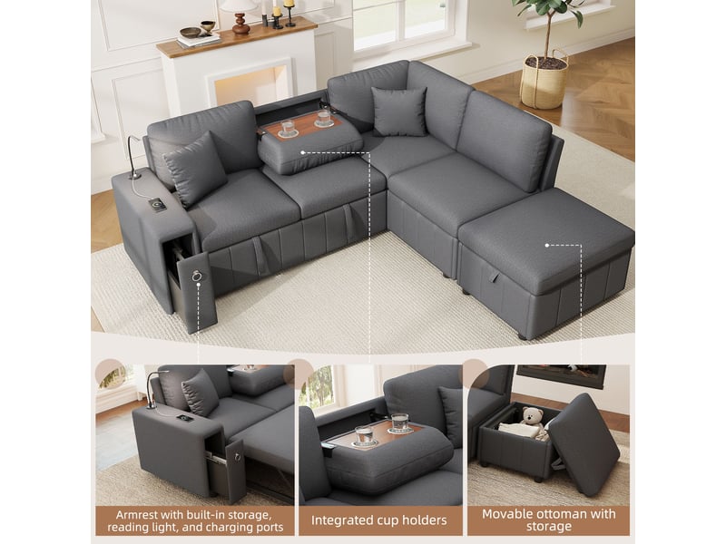  Canapé d'angle convertible 5 places, coffre de rangement, pouf, table rabattable, usb et usb-c, lampe led de lecture - gris  - Conforama E