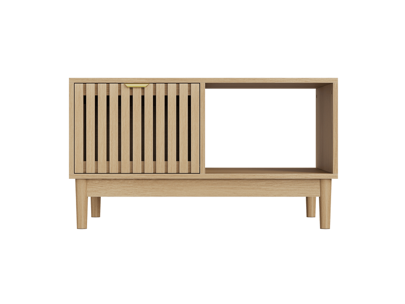  Table basse mid-century 80 cm effet chêne, 1 tiroir, étagères ouvertes, pieds bois massif  - Conforama A