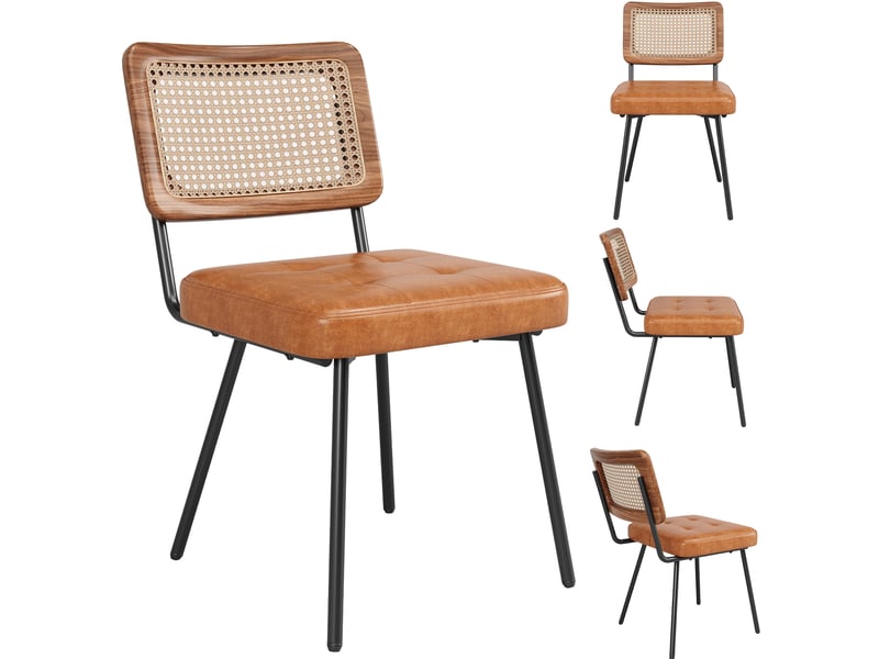  Chaise de salle à manger dossier en rotin pe, pieds réglables, métal et pu marron  - Conforama A