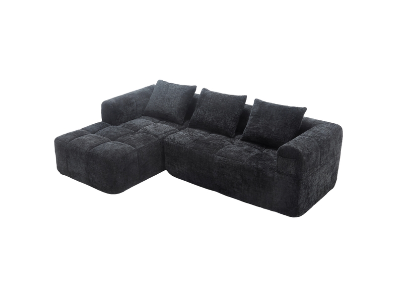  Canapé d’angle l 3 places chenille noir avec méridienne accoudoirs 3 coussins poche latérale sans montage  - Conforama B