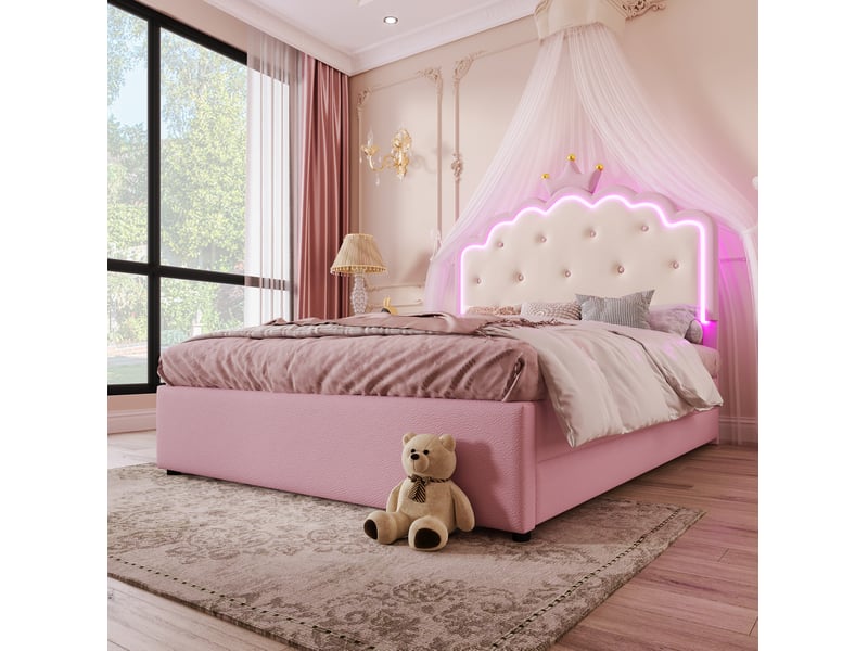  Lit enfant 140x200 cm couronne avec lit gigogne, led, 2 tiroirs et sommier, rose  - Conforama E