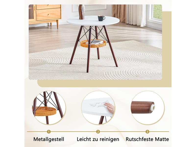 Table à manger ronde,ø80 cm,avec panier de rangement,mdf,blanc et bois noyer - Conforama D