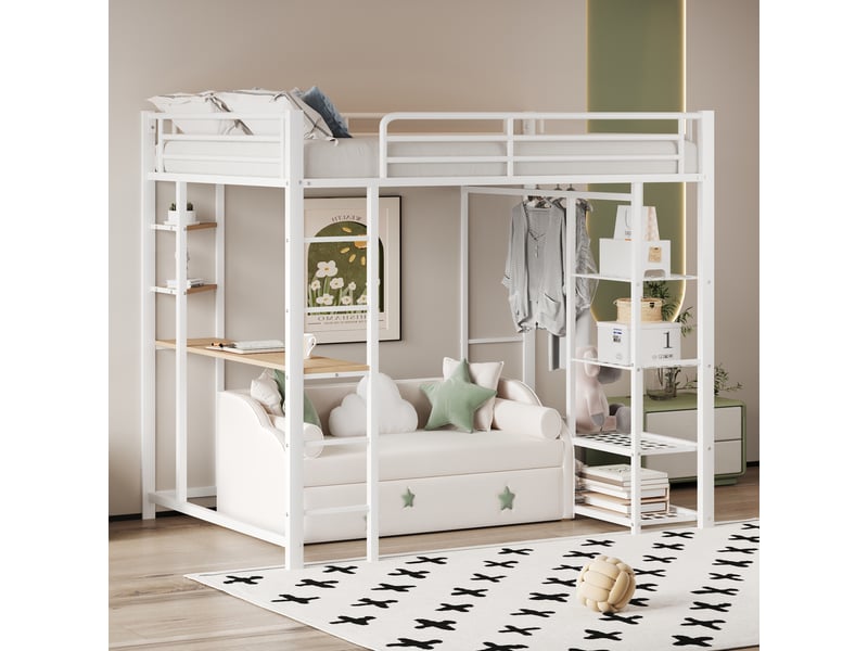Lit mezzanine enfant 90x200 cm, table, étagère, garde-corps, sommier, métal blanc, sans matelas - Conforama W
