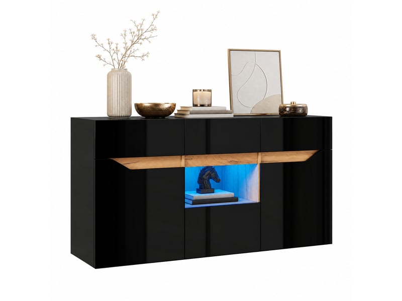  Buffet de salon noir et bois naturel avec led, 4 tiroirs et 2 placards - 140 x 40 x 70 cm  - Conforama A