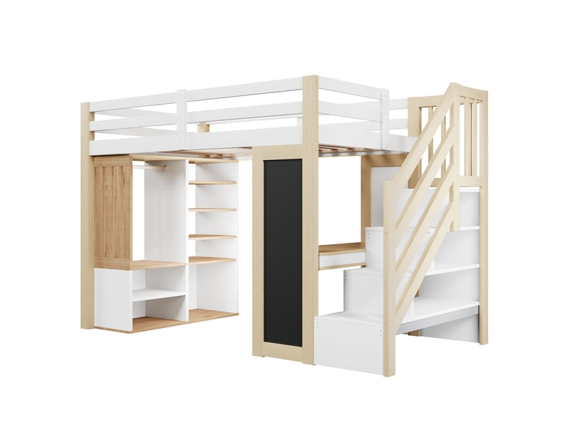 Lit mezzanine 90x200 cm blanc et bois naturel, avec bureau, rangements, placard, escalier de rangement, tableau, led, sommier inclus, sans matelas - Conforama A