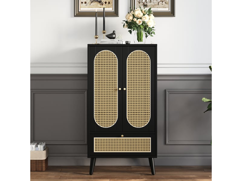  Meuble de rangement haut 60x40x110,5 cm - 2 portes effet cannage, 1 tiroir et étagères - panneaux de particules - noir CozyNest - Conforama B