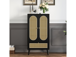 Meuble de rangement haut 60x40x110,5 cm - 2 portes effet cannage, 1 tiroir et étagères - panneaux de particules - noir