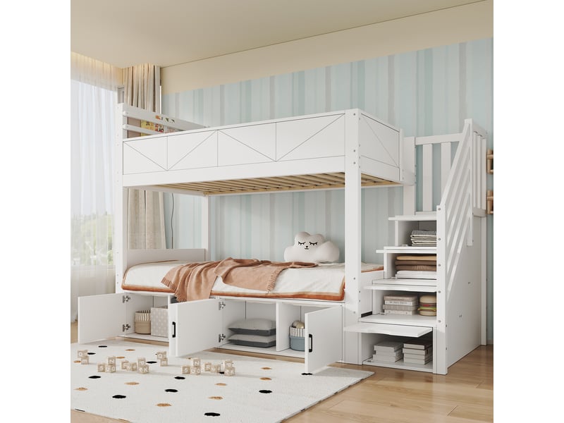  Lit superposé, lit enfant 90x200 cm, escalier de rangement, bois massif blanc, barrière antichute  - Conforama C