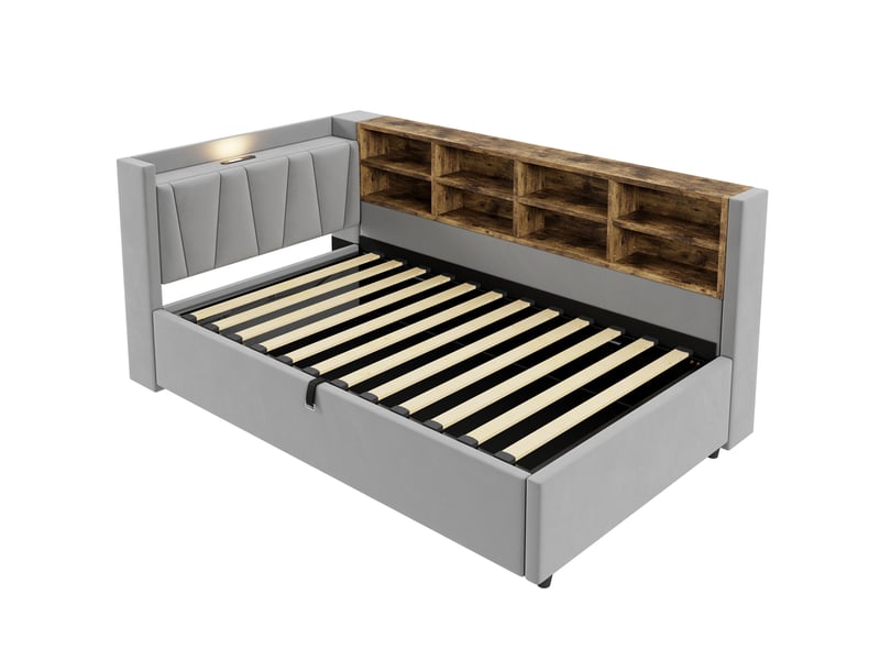  Lit coffre rembourré 90x200 cm - sommier relevable - usb et usb-c - grand rangement - velours - design moderne - gain de place - gris CozyNest - Conforama A