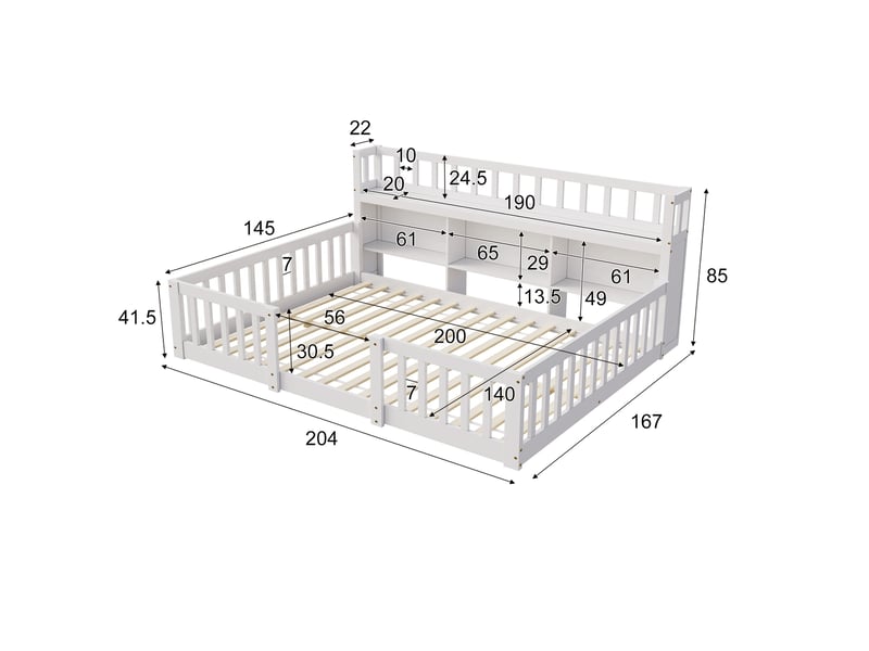  Lit enfant montessori 140x200 cm, lit simple, lit au sol montessori avec bibliothèque et barrières, bois, sommier, blanc  - Conforama E