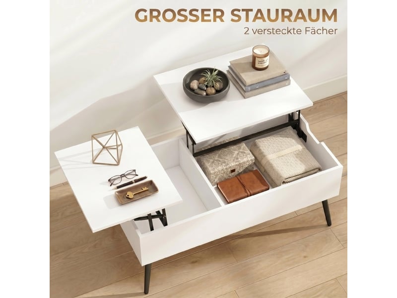  Table basse relevable 100x50x43,6-58 cm - avec double plateau, espace de rangement caché et pieds en métal – mdf - blanc  - Conforama E