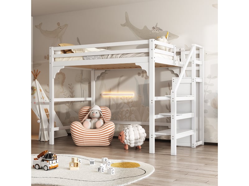  Lit mezzanine avec armoire et escalier, structure en pin et mdf blanc, couchage 140 x 200 cm  - Conforama E